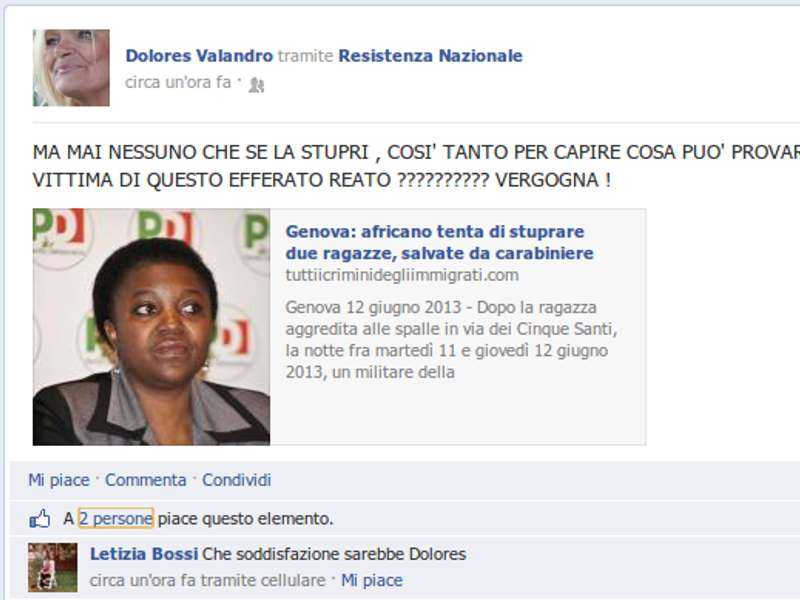 Consigliera leghista, frase choc su Fb: «Mai nessuno che stupri la Kyenge?». Tosi: «sarà espulsa»