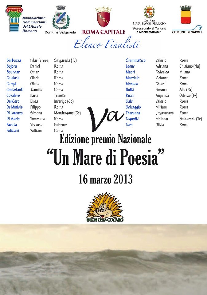 Finalisti della V Edizione del Premio Nazionale "Un mare di poesia": finale il 16 marzo 2013 a Roma