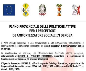 Calabria, piano provinciale delle Politiche Attive per i percettori di AA.SS. in deroga