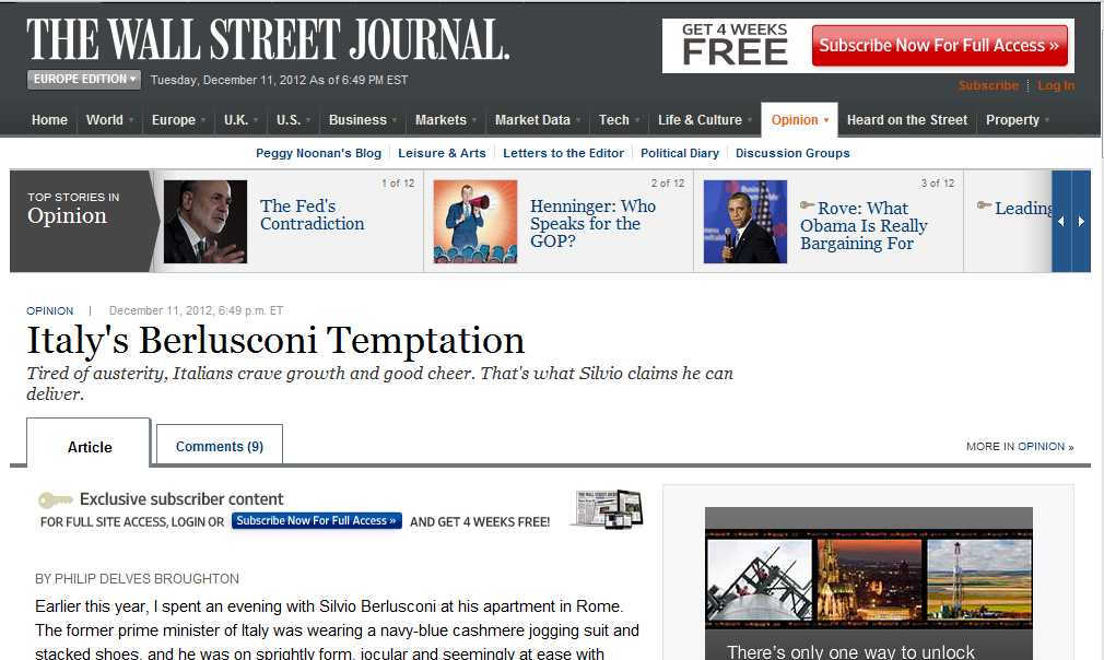 Wall Street Journal: "La rielezione di Silvio Berlusconi potrebbe essere disastrosa"