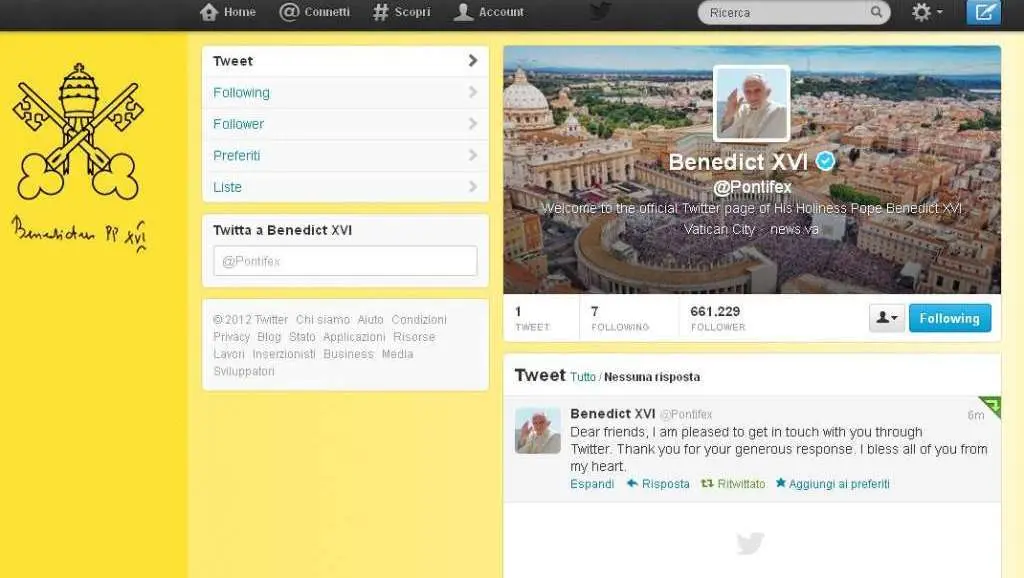 Benedetto XVI cinguetta il suo primo tweet
