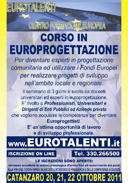 Corso in Europrogettazione a Catanzaro dal 20 Ottobre 2011