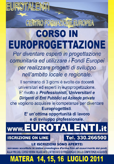 Anche a Matera un corso di Europrogettazione dal 14  luglio 2011