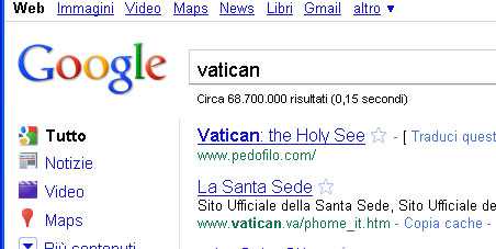 Google: inserendo Vatican il primo sito è pedofilo.com