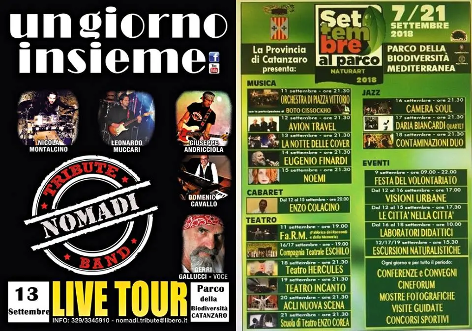 "Un Giorno Insieme" Nomadi Tribute Band questa sera al Parco della Biodiversità di CZ