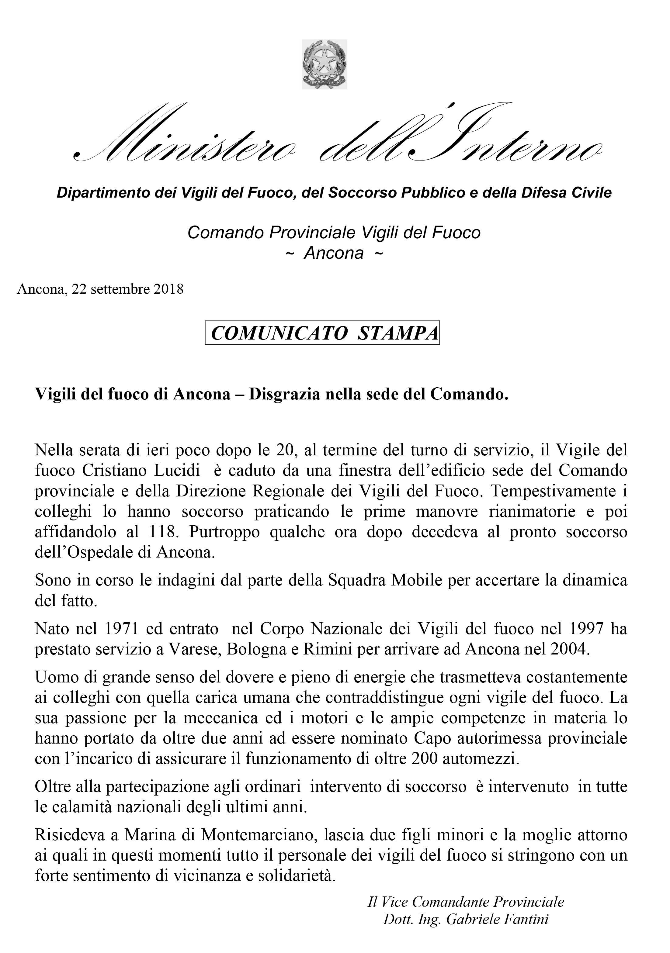 Vigili del fuoco di Ancona: Disgrazia nella sede del Comando