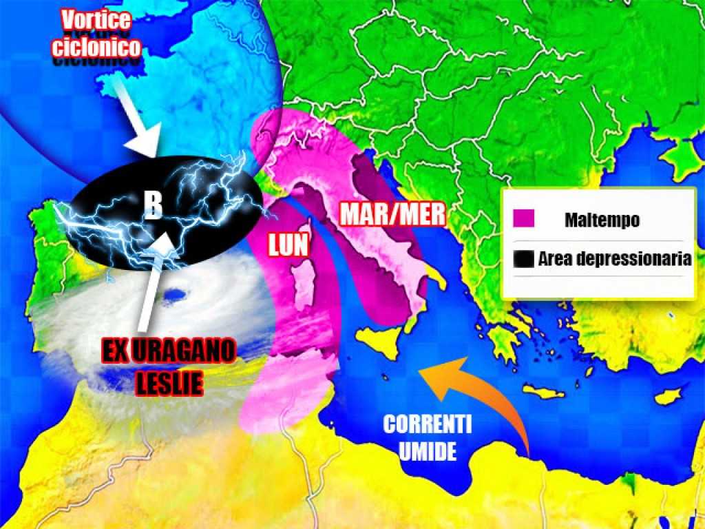Meteo: l'ex uragano Leslie punta l'Italia, previsioni su Nord, Centro, Sud e Isole