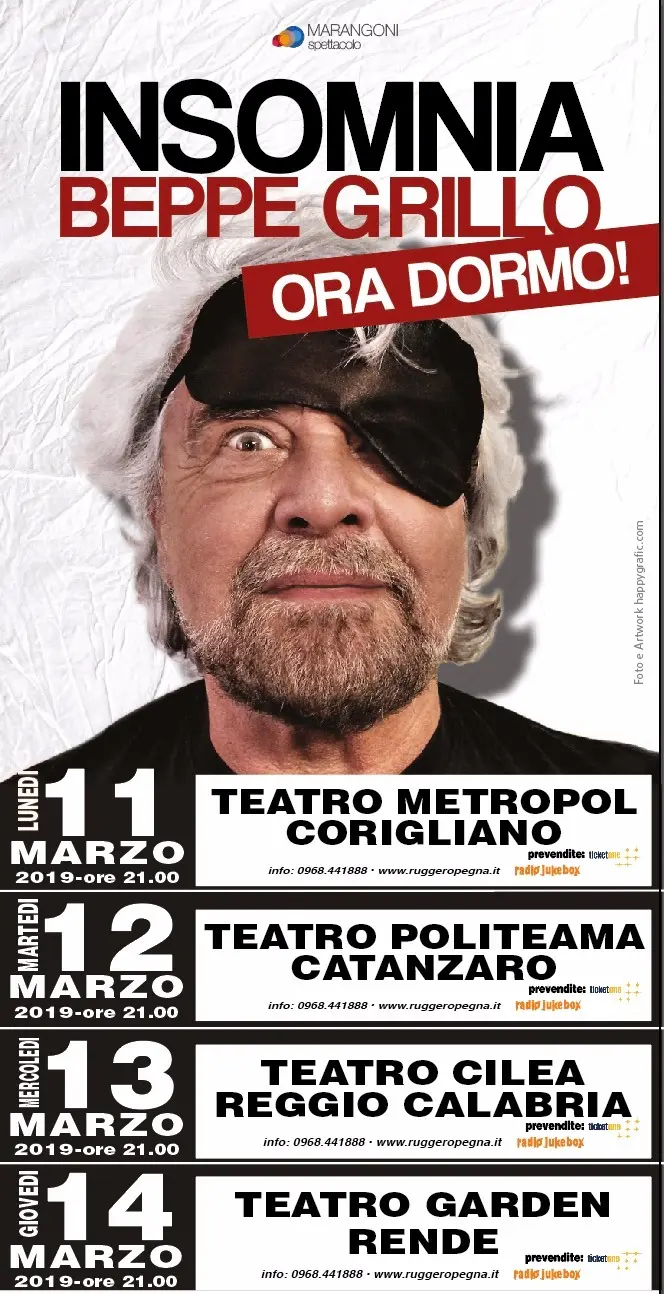 Beppe Grillo 4 spettacoli  Calabria a marzo: Corigliano, Catanzaro, Reggio e Rende