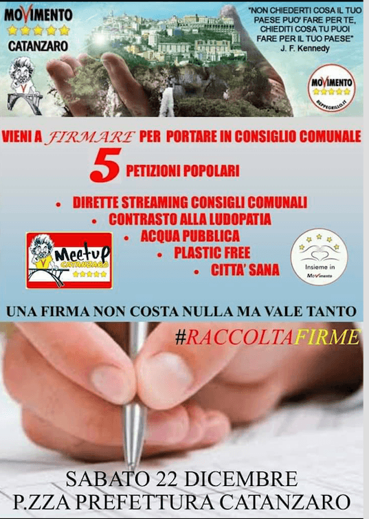 Sabato raccolta firme a Catanzaro