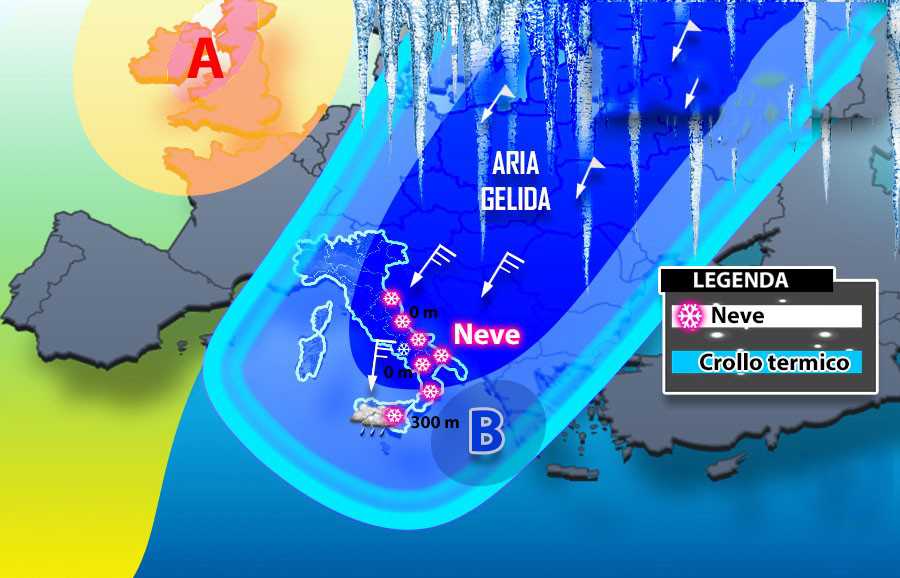 Meteo: Crollo termico neve fin sulle coste, previsioni su Nord, Centro, Sud e Isole