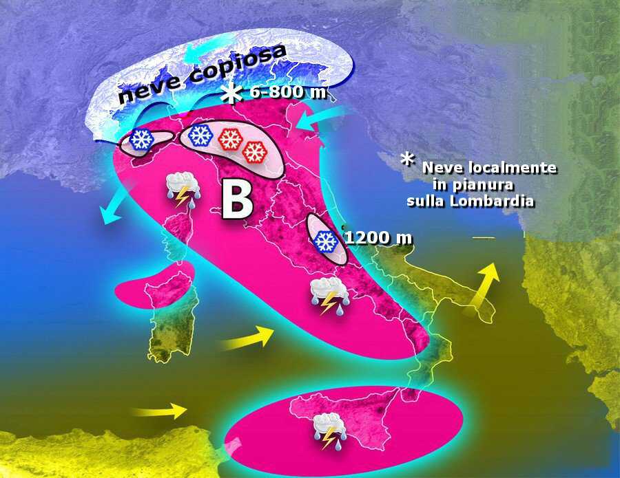 Meteo: neve sull'Italia, rovesci e vento forte, ecco dove, previsioni su Nord, Centro Sud e Isole