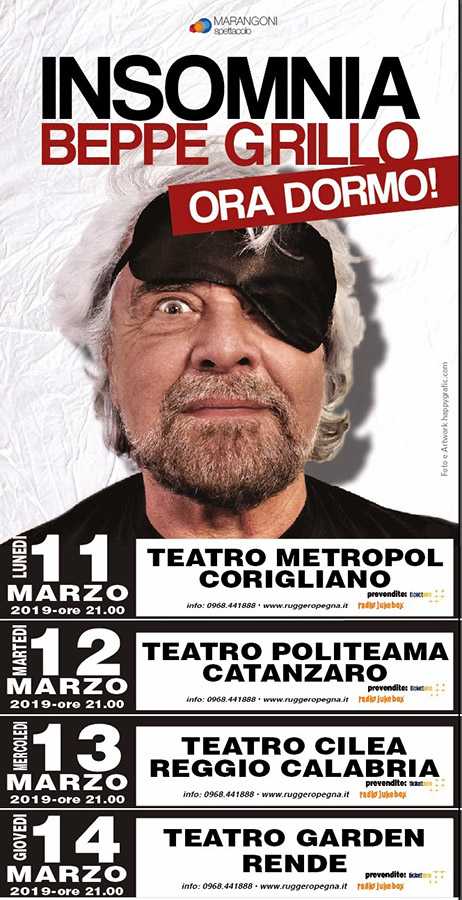 Beppe Grillo in Calabria per 4 tappe: verso il tutto esaurito a Corigliano, Rende, disponibilità Cz