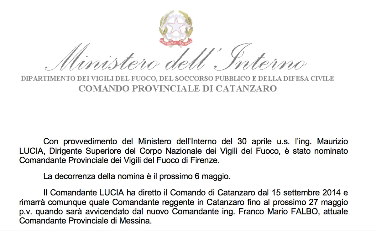 l’ing. Maurizio Lucia, nominato Comandante Provinciale dei Vigili del Fuoco di Firenze
