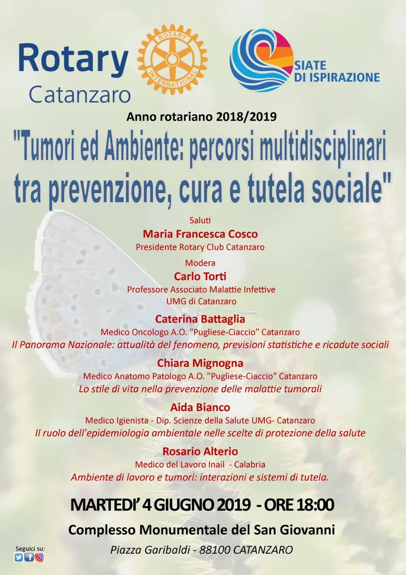 "Tumori ed ambiente" nel convegno promosso dal Rotary Club di Catanzaro Il 4 giugno