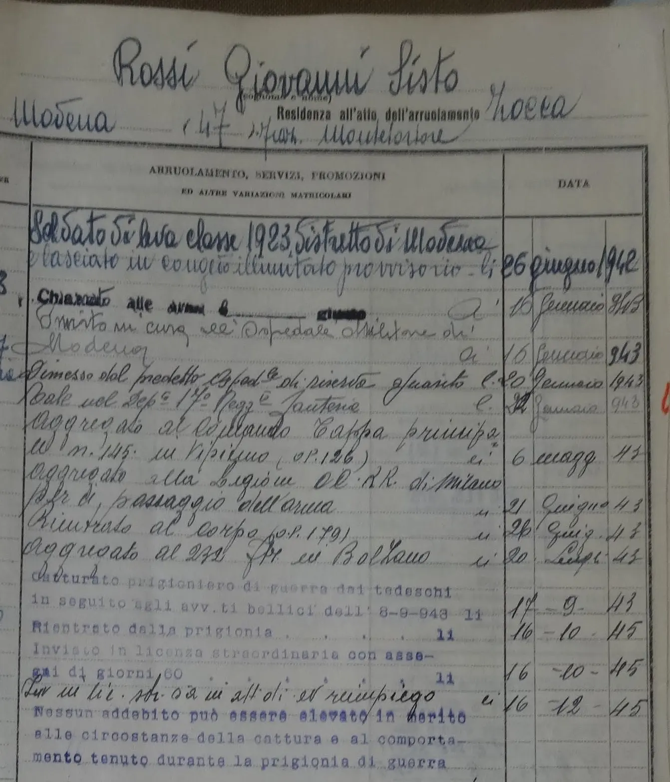 Medaglia d’onore per Giovanni Carlo Rossi padre di Vasco. Onorificenza a firma di Novella Corsi