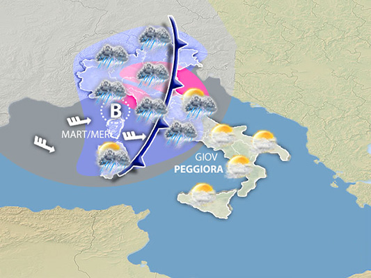 Meteo: Oggi tregua, poi ciclone, freddo, temporali. Previsioni su Nord, Centro, Sud e Isole