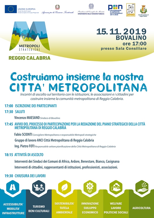 "Costruiamo insieme la nostra Città Metropolitana". Convegno il 15/11/2019 a Bovalino (RC)