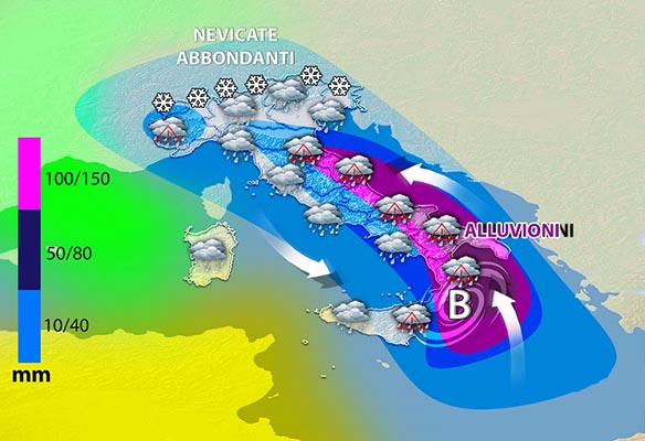 Meteo: Weekend ecco il ciclone intense ed abbondanti precipitazioni alluvionali. Ecco il Dettaglio