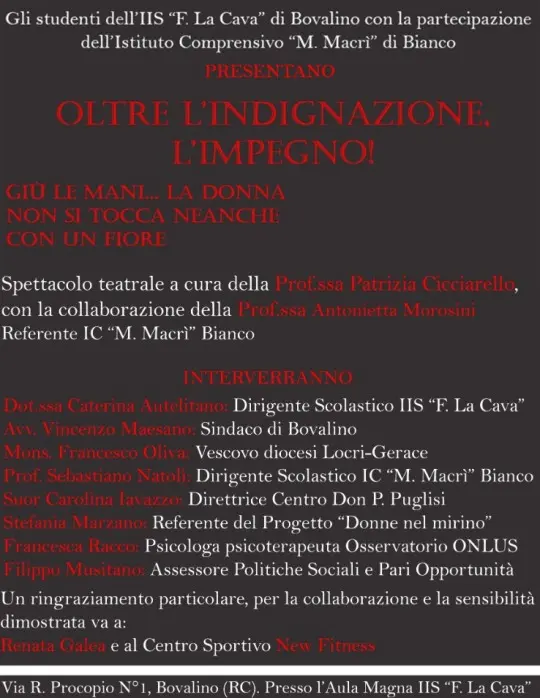 I.I.S. "F. La Cava", il 25 novembre l'incontro "Oltre l'indignazione, l'impegno"