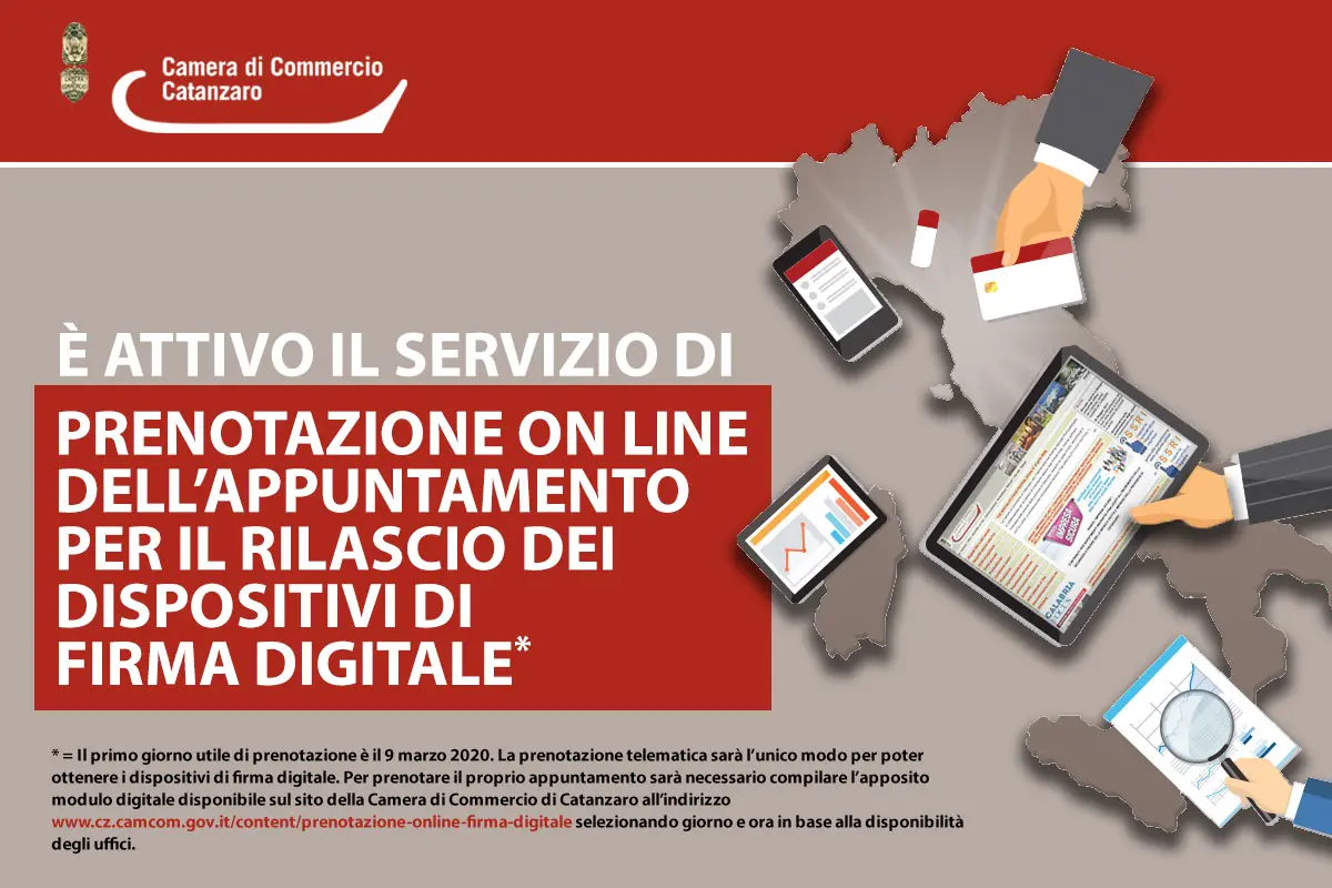 Prenotazione online rilascio firma digitale, la Cciaa di Catanzaro attiva il servizio