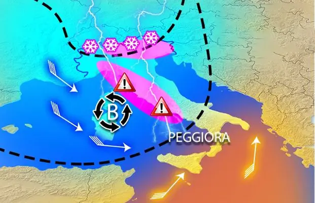 Meteo: vortice di bassa pressione con piogge e nevicate. Previsioni su Nord, Centro, Sud e Isole