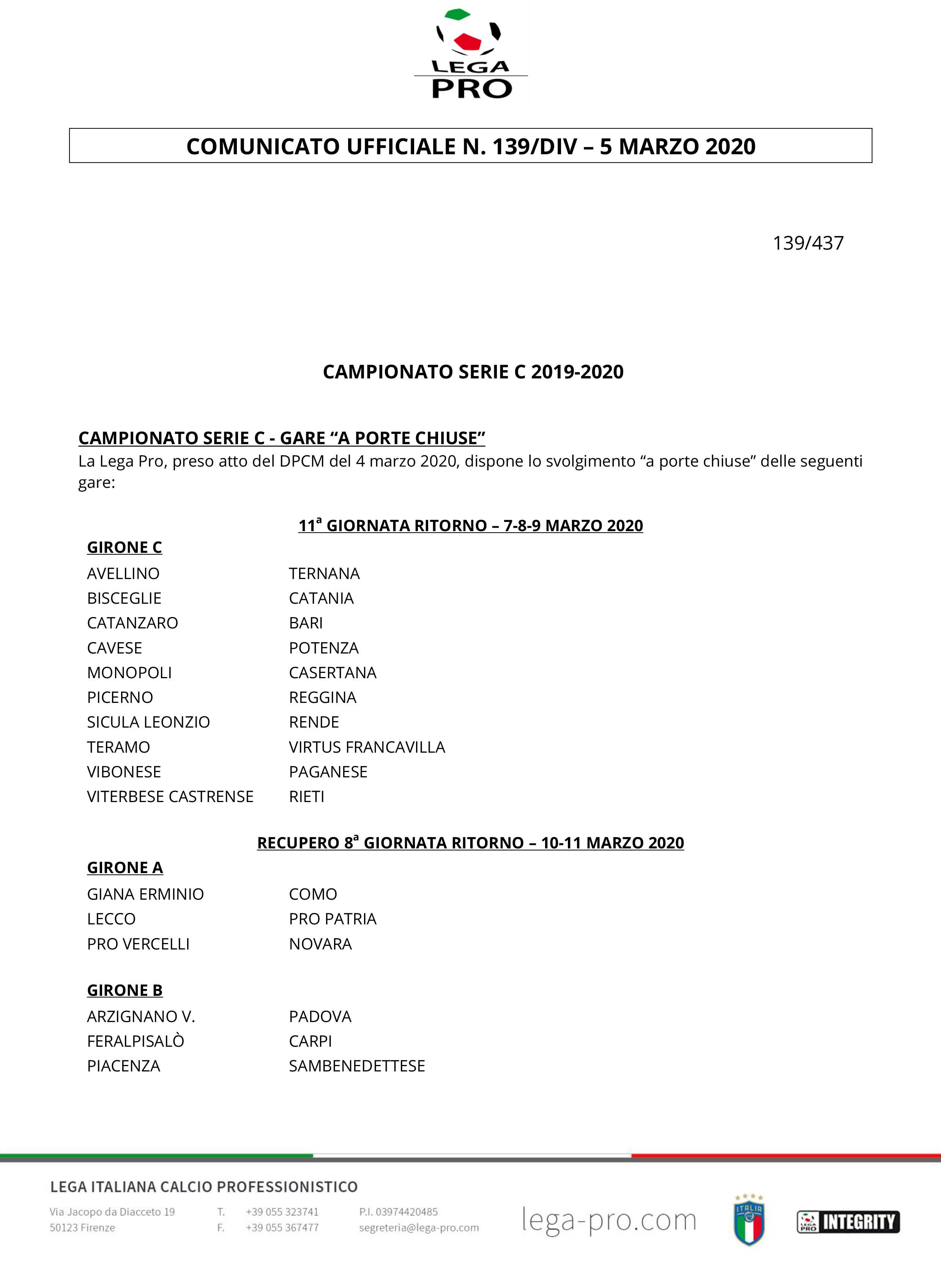 Coronavirus, La Lega Pro. Campionato Serie C - gare “a porte chiuse”  'Ecco le direttive ufficiali'