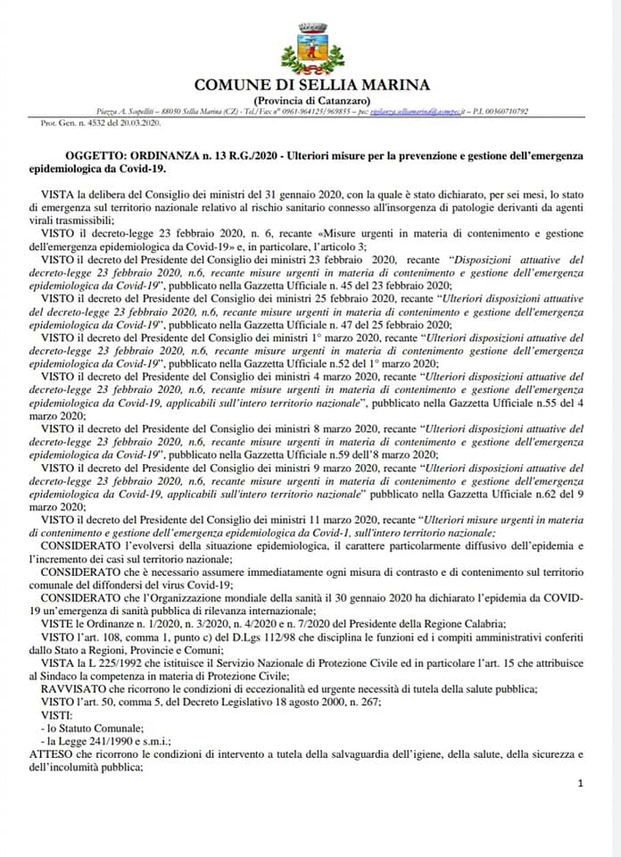 Sellia Marina. Sindaco Francesco Mauro: Ordinanza Covid-19. #SiDeve #RESTAREaCASA