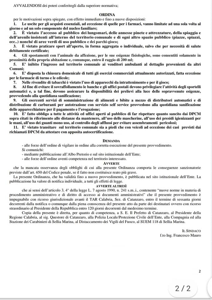 Sellia Marina. Sindaco Francesco Mauro: Ordinanza Covid-19. #SiDeve #RESTAREaCASA