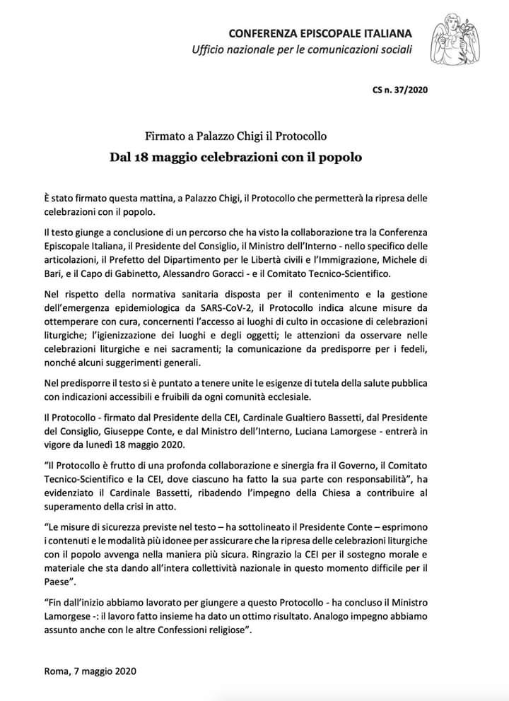 Governoe e Cei: Messe con il popolo dal 18 maggio. Ecco cosa cambia. Scarica Pdf