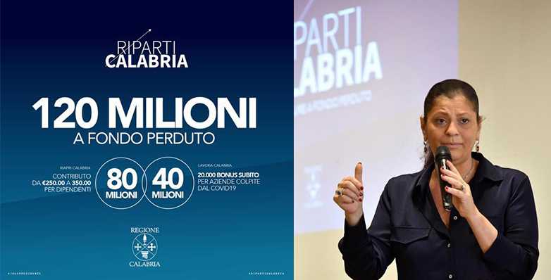 Regione Calabria, Santelli: "Riparti Calabria" 120 Milioni a Fondo Perduto. Ecco il dettaglio