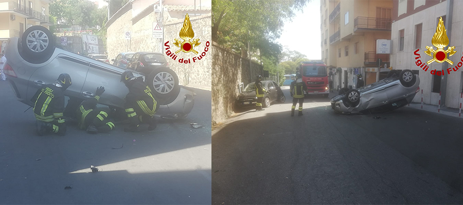 Catanzaro, incidente con ribaltamento in Città necessario l’intervento dei Vvf per estrarre la donna