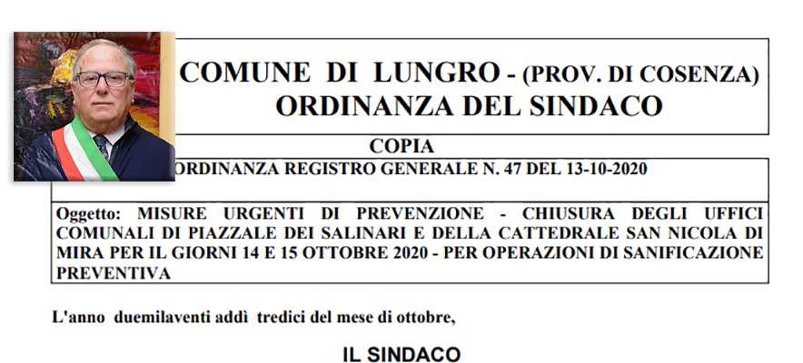 Covid: Ordinanza del sindaco Santoianni, chiusa Cattedrale ed uffici comunali di Lungro