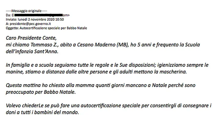 Presidente Conte, risponde a Tommaso 5 anni “autocertificazione Babbo Natale”