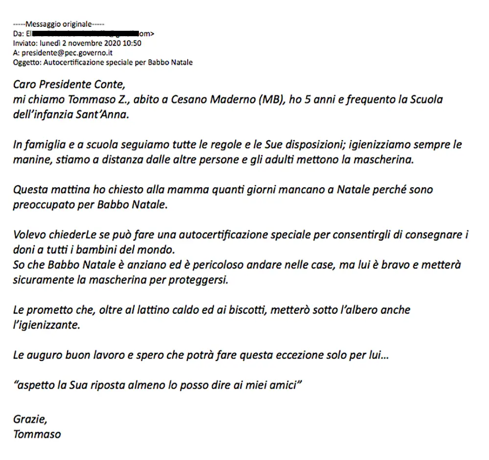 Presidente Conte, risponde a Tommaso 5 anni “autocertificazione Babbo Natale”