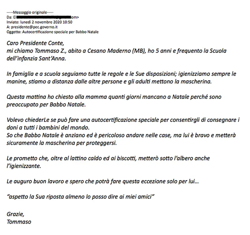 Presidente Conte, risponde a Tommaso 5 anni “autocertificazione Babbo Natale”