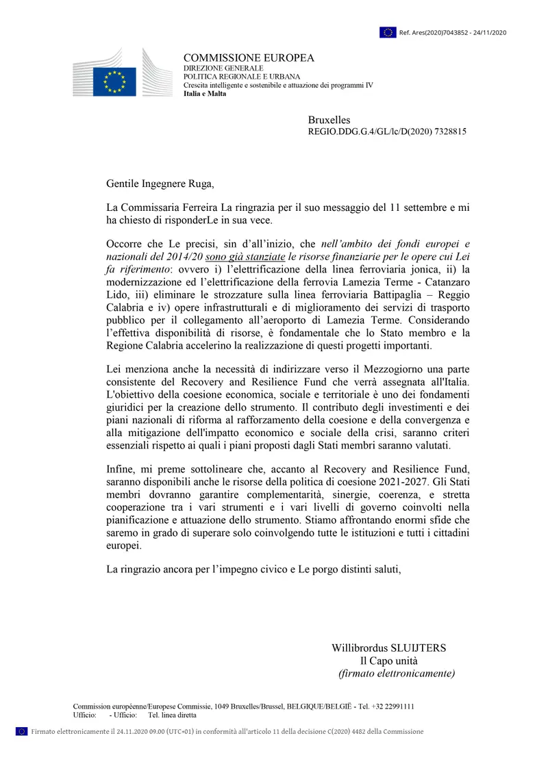 La commissione Europea risponde al Comitato per il recupero della stazione di Catanzaro sala