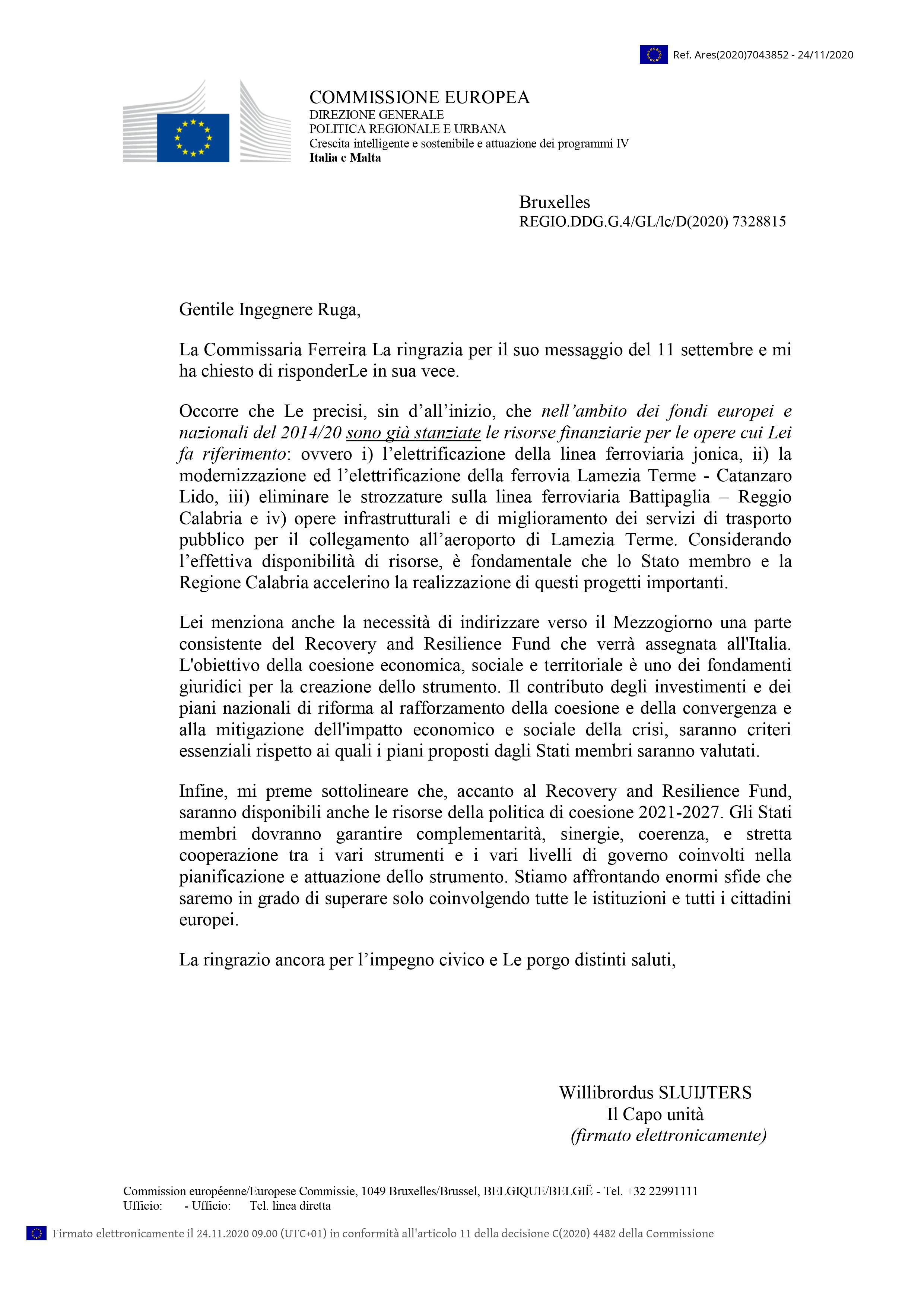 La commissione Europea risponde al Comitato per il recupero della stazione di Catanzaro sala