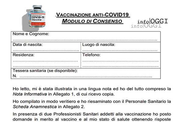 Covid. Vaccino: si deve firmare modulo consenso informato. Scarica il modulo di Consenso in Pdf