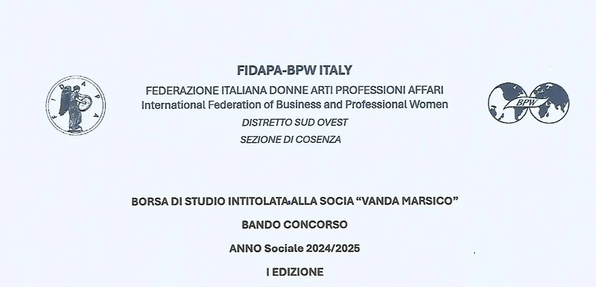 Fidapa BPW Italy sezione di Cosenza: borsa di studio “Vanda Marsico”, candidature entro il 31 gennaio