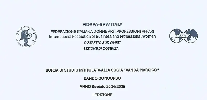 Fidapa BPW Italy sezione di Cosenza: borsa di studio “Vanda Marsico”, candidature entro il 31 gennaio