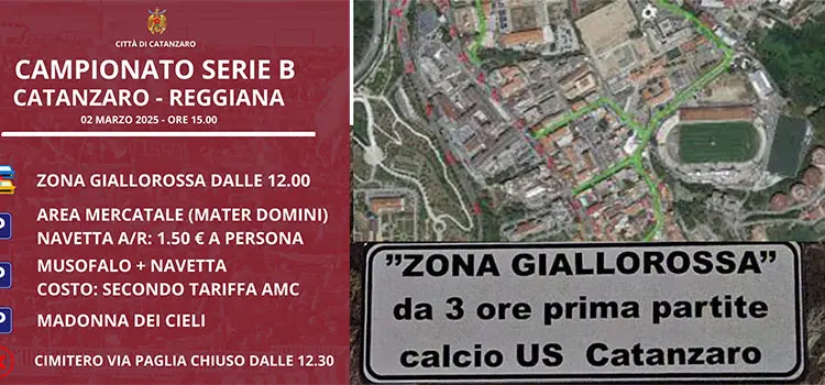 Zona Giallorossa per Catanzaro - Reggiana: le disposizioni su traffico, viabilità e parcheggi 