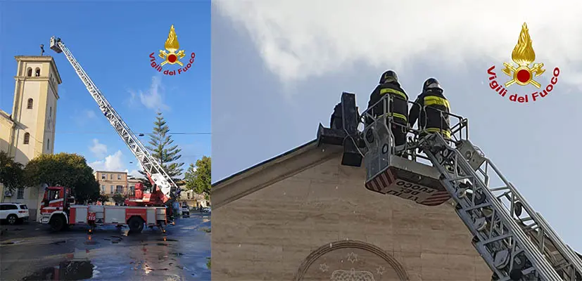 Catanzaro. Chiesa Porto Salvo. Croce divelta dal vento, intervento dei Vvf. Il dettaglio con foto