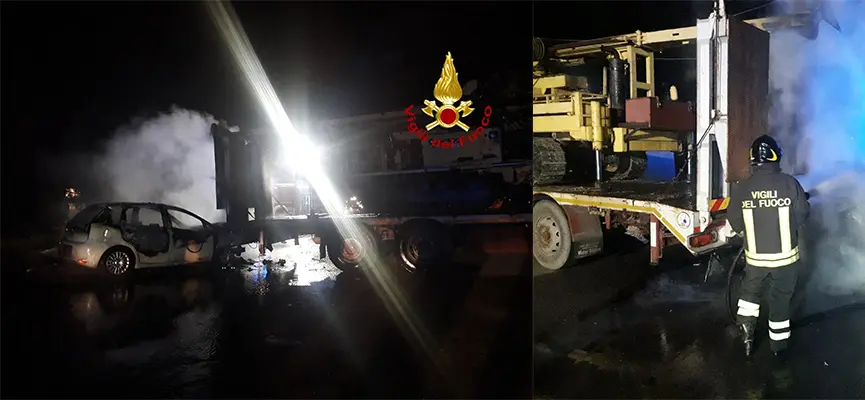 Incidente su SS106, scontro auto con camion dopo l’impatto l’auto si incendia. Intervento dei Vvf