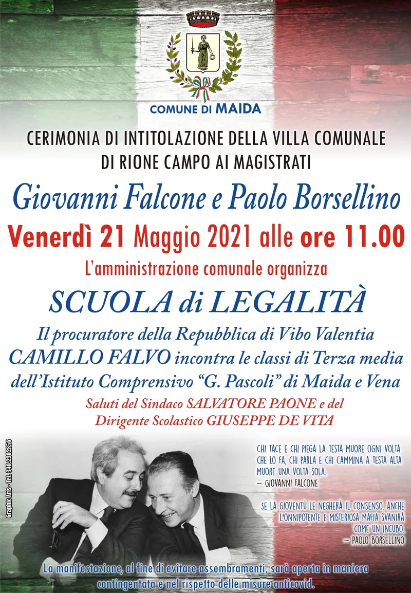 Giornata nazionale per la legalità Sindaco Paone intitolazione Villa ai giudici Falcone e Borsellino