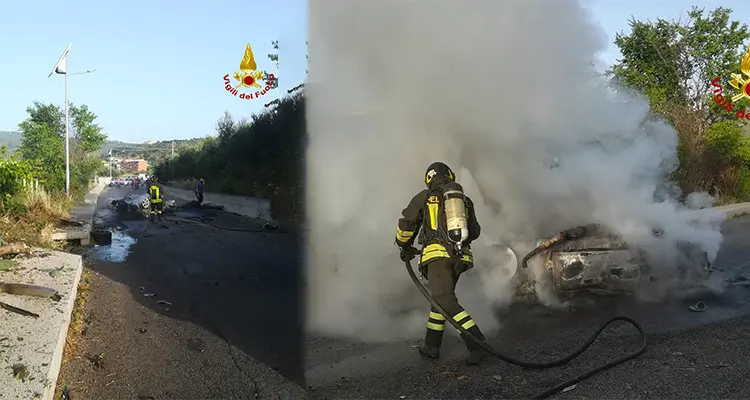 Incidente su Sp Squillace-Vallefiorita, Auto si incendia dopo violento impatto. Intervento dei Vvf