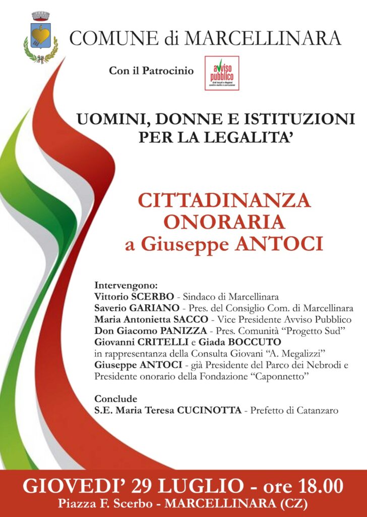 Giuseppe Antoci riceverà la cittadinanza onoraria di Marcellinara, giovedì 29 luglio