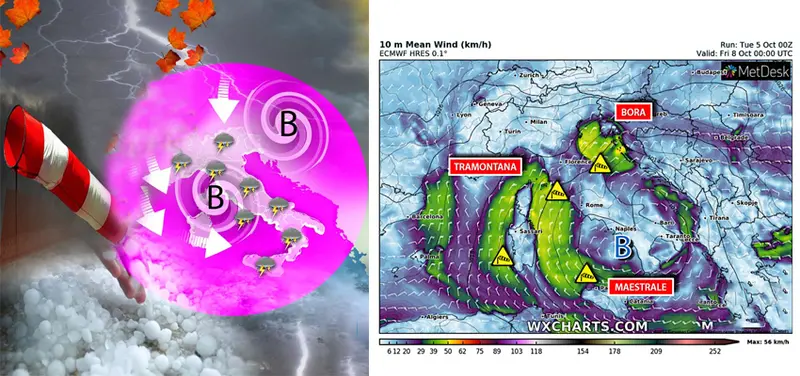 Meteo: venti in intensificazione, raffiche fino a quasi 100 km/h poi doppio ciclone