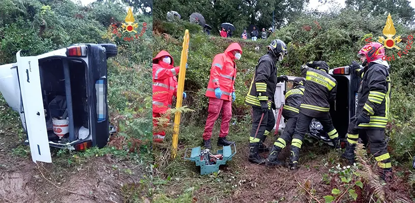 Incidenti Stradali. Auto giù in scarpata i Vvf estraggono uomo ferito dalle lamiere contorte. Foto