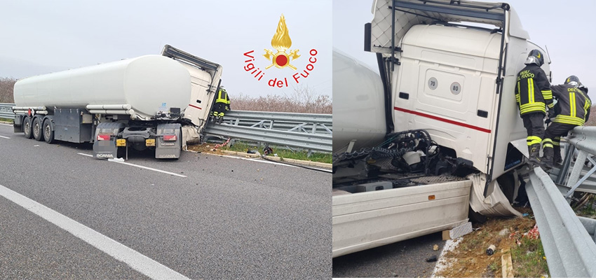 Incidenti stradali su A2, autocisterna impatta contro il guardrail. I Vvf estraggono uomo bloccato nelle lamiere
