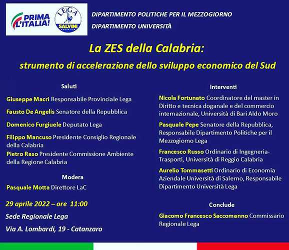 Saccomanno (Lega): a Catanzaro importante incontro per approfondimenti sulla ZES in Calabria.